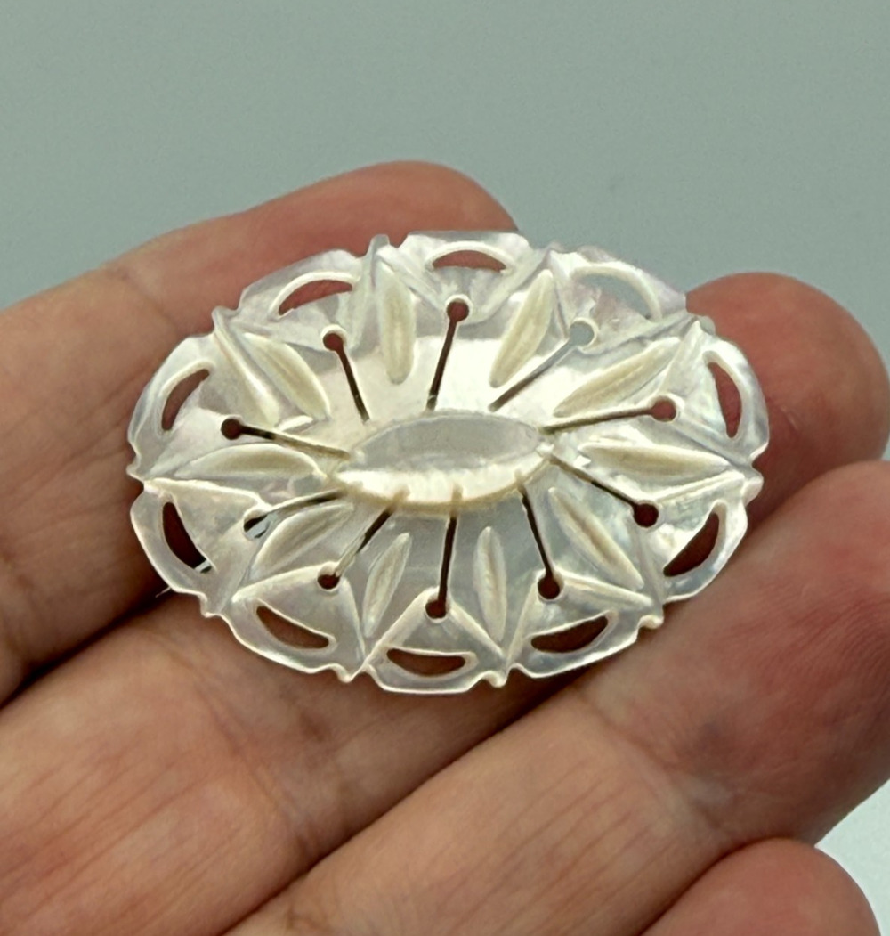 Vintage White Mother of Pearl MOP Hand Carved Oval Star Brooch Pin Bethlehem